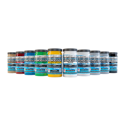 HydroColor epoxy pigment color chart showing all 10 solid floor colors including White, Warm Beige, Tile Red, Safety Yellow, Safety Green, Black, Safety Blue, Light Gray, Medium Gray, and Dark Gray.
