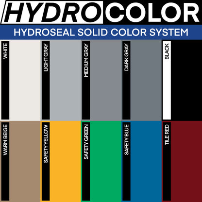 HydroColor epoxy pigment color chart displaying 10 solid concrete floor coating colors by U.S. Surface Technologies, designed for use with HydroSeal waterborne epoxy system.