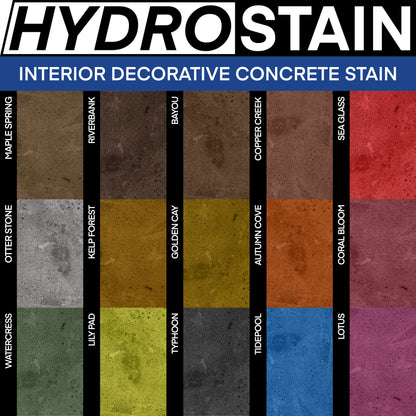 HydroStain concrete dye color chart showing 15 transparent stain shades by U.S. Surface Technologies, designed to enhance and color interior concrete floors before sealing with HydroSeal.