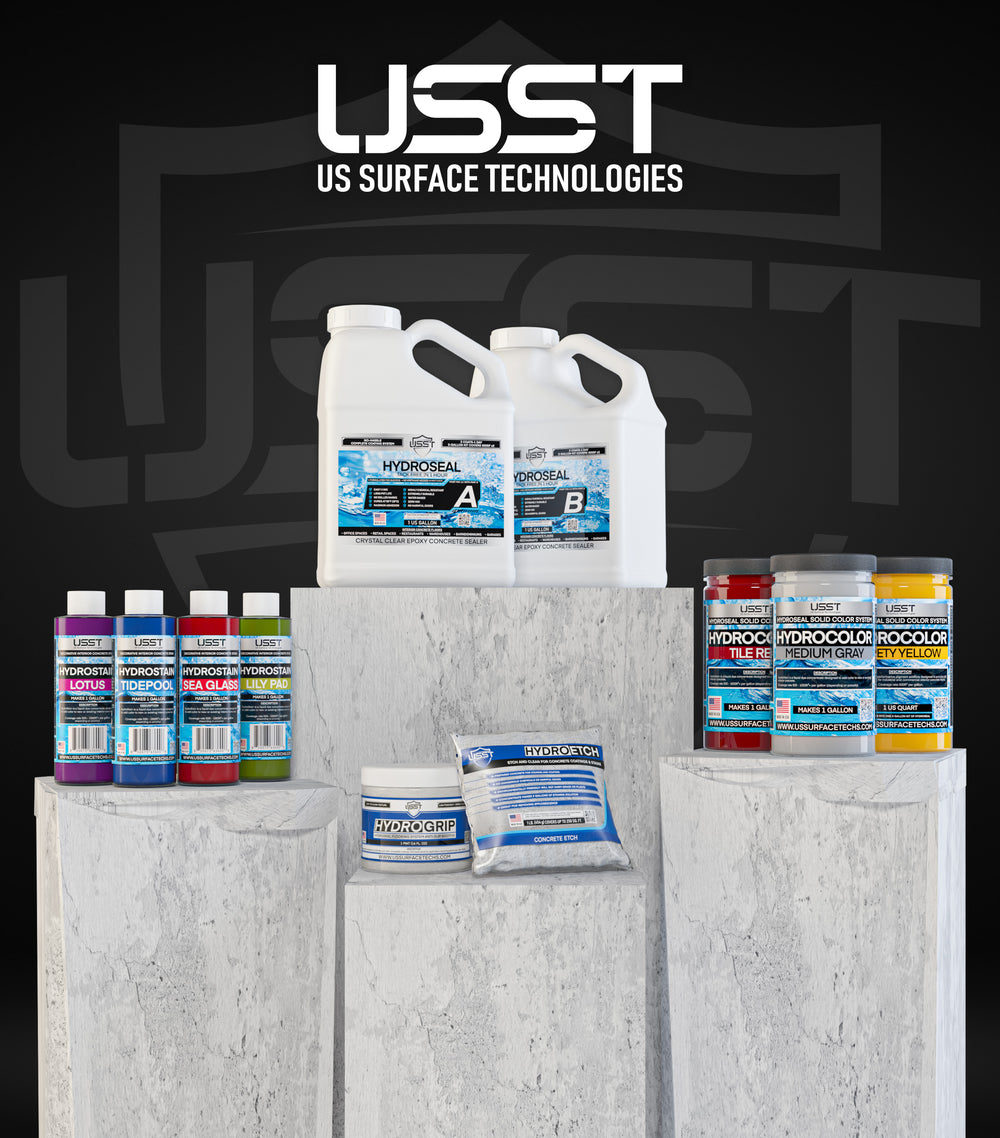 Full lineup of US Surface Technologies products including HydroSeal, HydroStain, HydroColor, HydroGrip, and HydroEtch — a complete waterborne concrete coating system delivering durable, flawless, roller mark–free finishes for professionals and DIYers.
