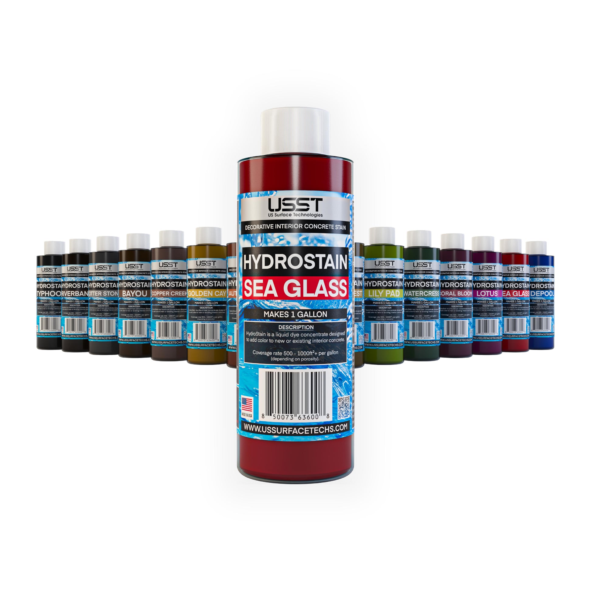 HydroStain Sea Glass decorative interior concrete stain from U.S. Surface Technologies, shown with full color lineup of concrete dye concentrates for interior floors.