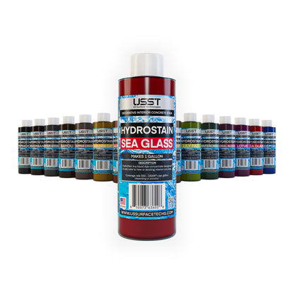 HydroStain Sea Glass decorative interior concrete stain from U.S. Surface Technologies, shown with full color lineup of concrete dye concentrates for interior floors.